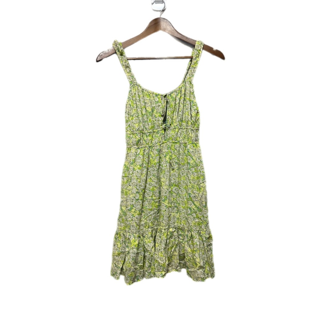 American Eagle Mini Dress Womens XS Green Floral Excellent Smocked Ruffle Boho